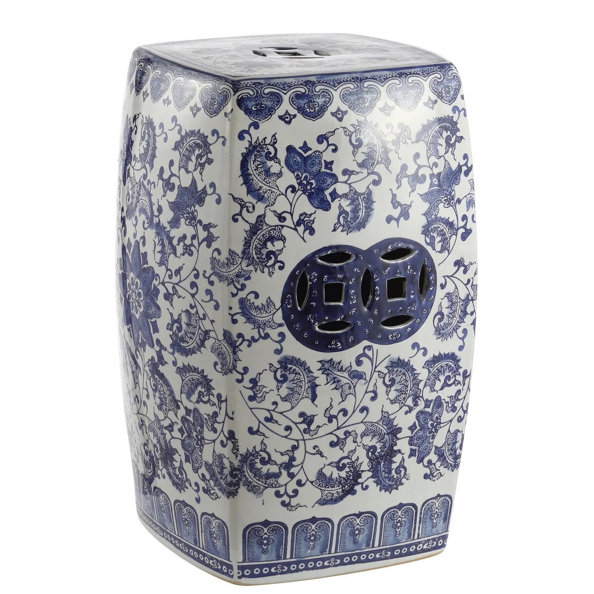 Floral Vine 18.5 Chinoiserie Ceramice Square Garden Stool, Blue/White