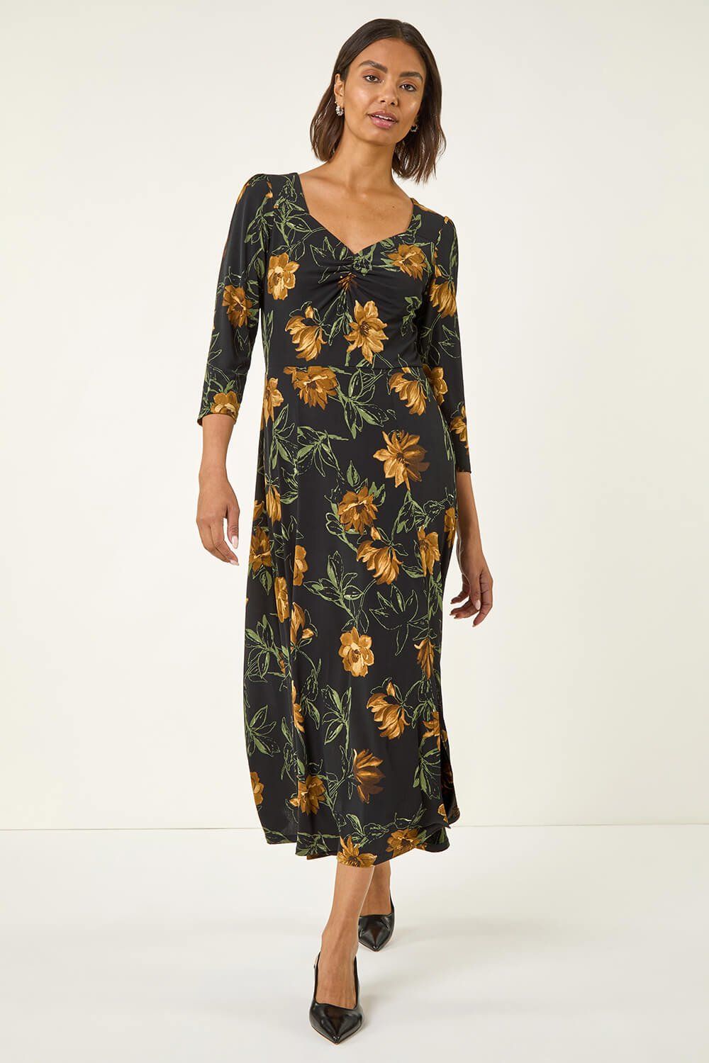 Roman Floral Print Ruched Stretch Midi Dress