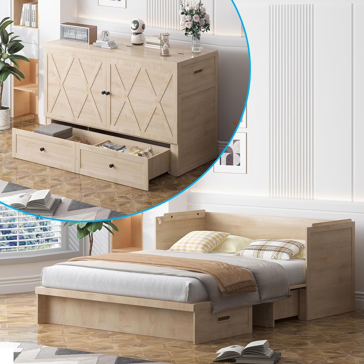 CECER Queen Size Murphy Bed with Tri-Folding Mattress，Murphy Bed with Charging Station and Two Large Storage Drawers for Small Spaces/Bedroom（Natural Wood）-Mattress Include