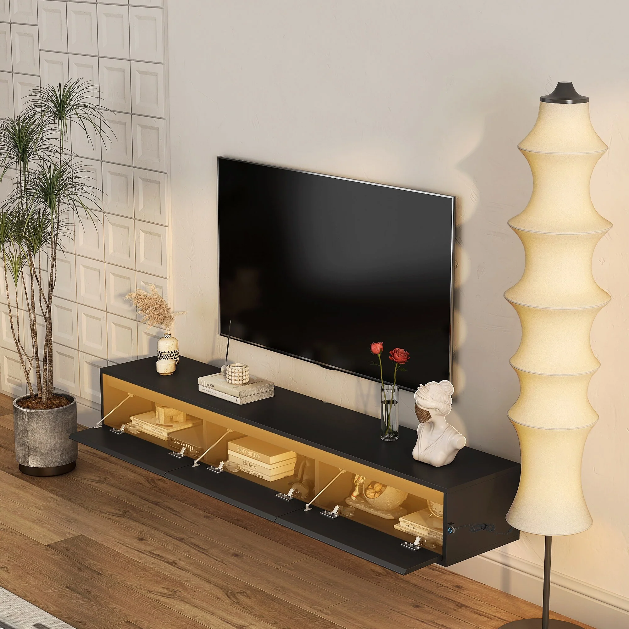 Black 64.96 Floating TV Stand with Open Shelves, LED Lights and Power Outlet for TVs Up to 60