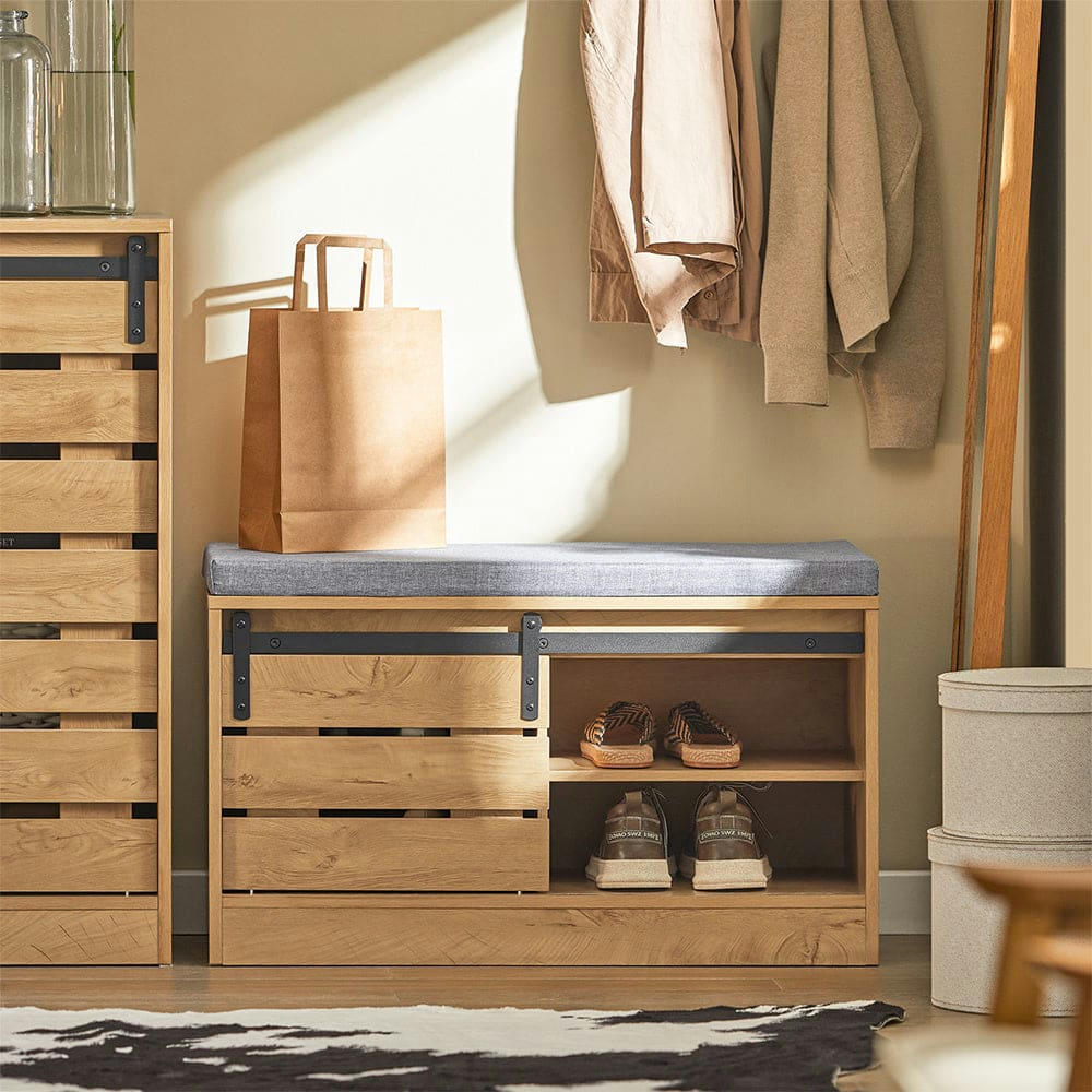 - Banc à chaussures industriel avec porte coulissante effet bois nature