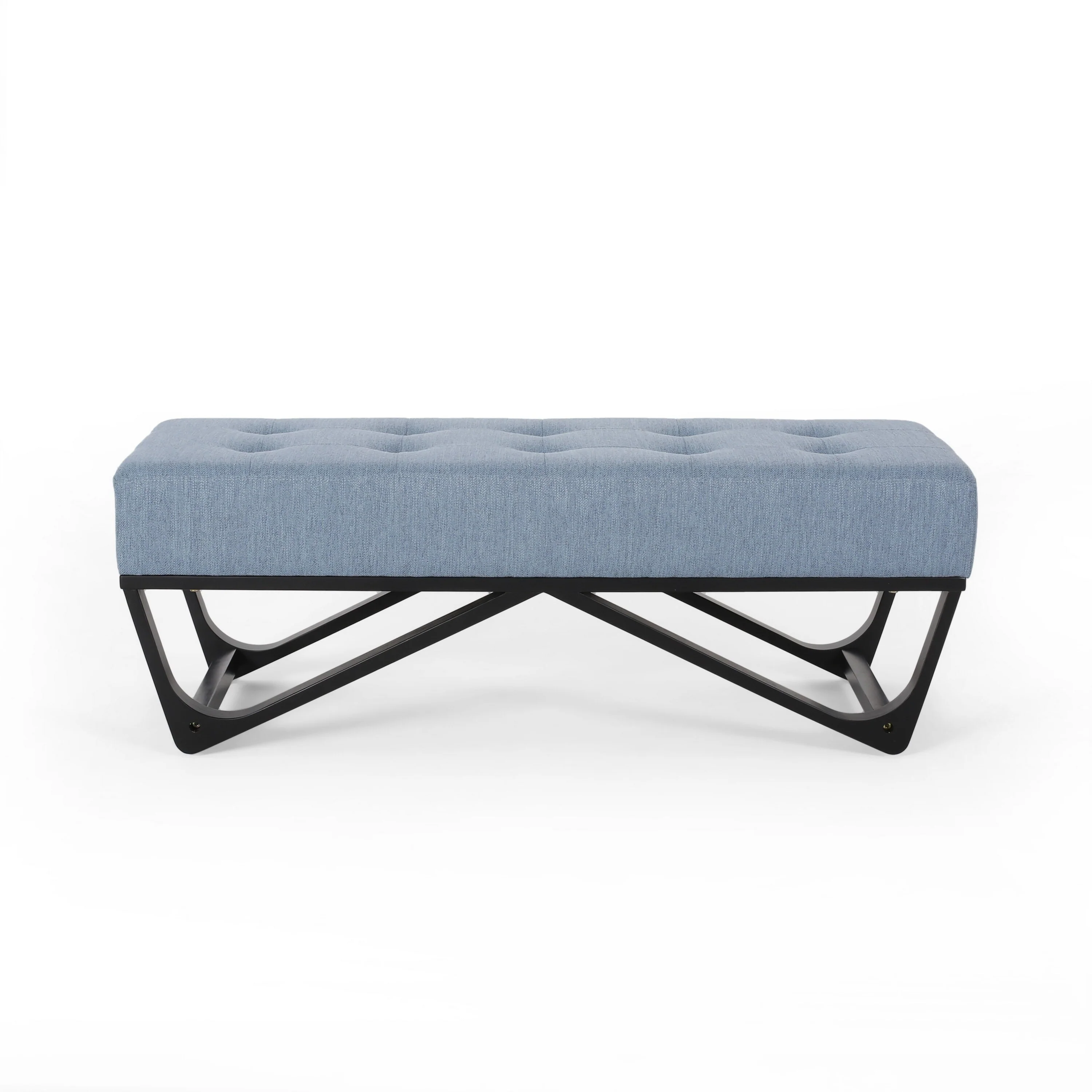 Liba Ottoman Bench, Button Tufted Light Blue Fabric, Black, 47 Inch