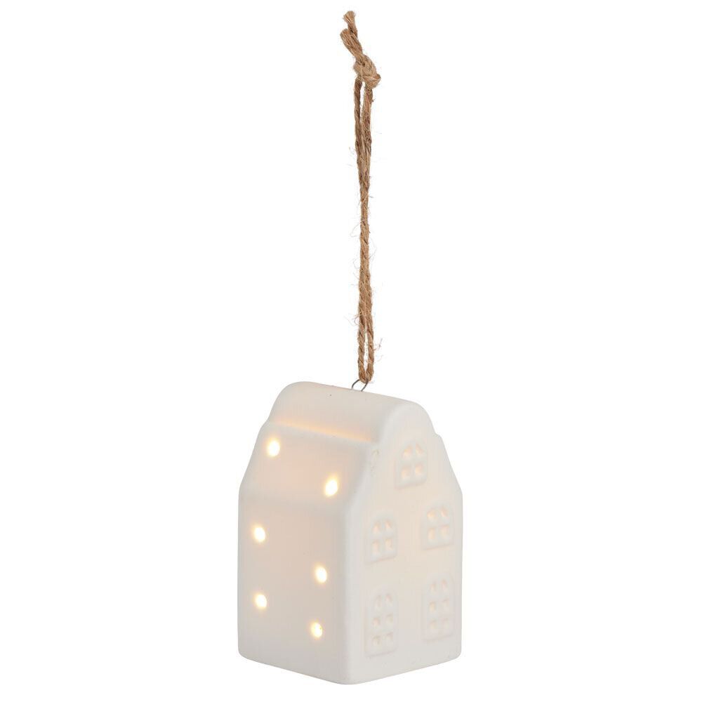 Suspension de No&euml;l lumineuse forme maison céramique blanche 1LED blanc chaud H7,5cm