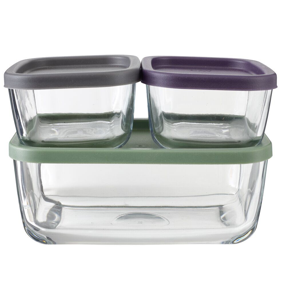 BoÎte alimentaire x3 verre rectangulaire avec couvercles plastique multicolore 0,4L et 1,17L