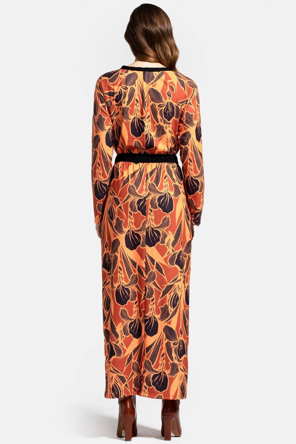 Hot Squash Long Sleeve Maxi Dress with Neck Tie