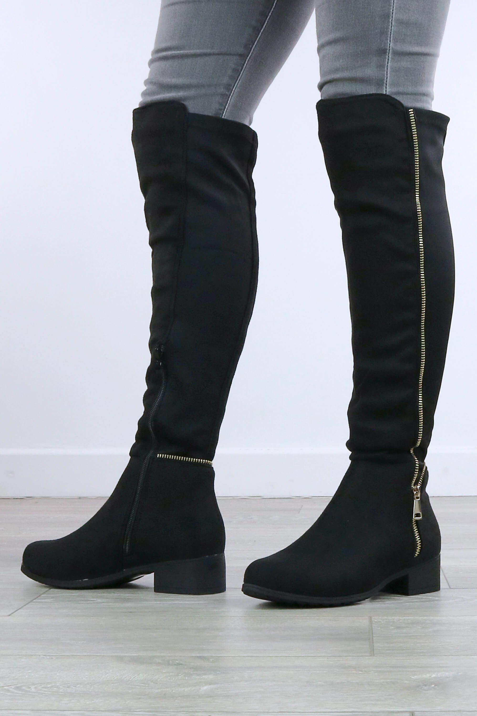 AJVANI Low Heel Stretchy Gold Zip Over The Knee Boots