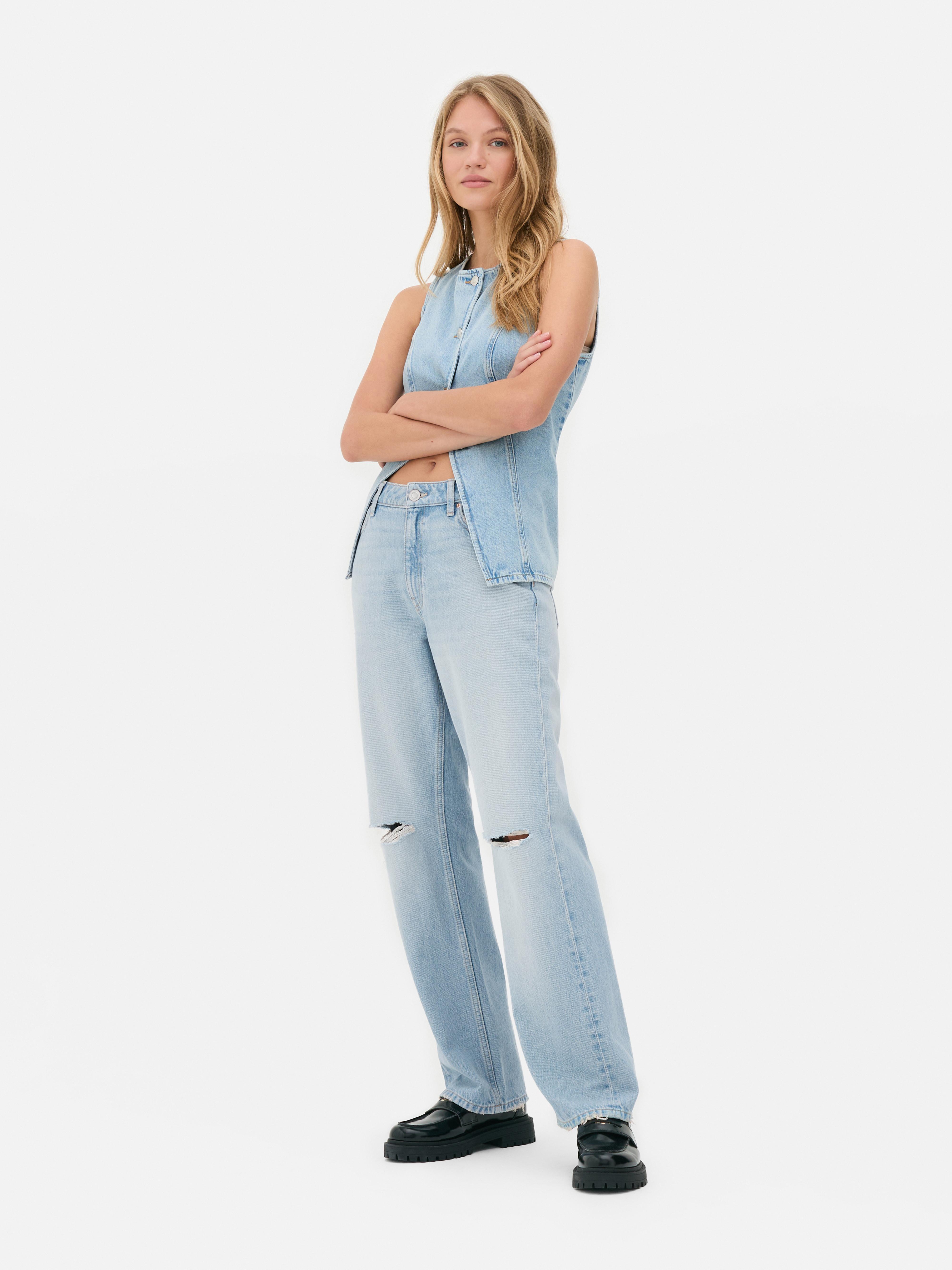 Mid Rise Ripped Straight Leg Jeans