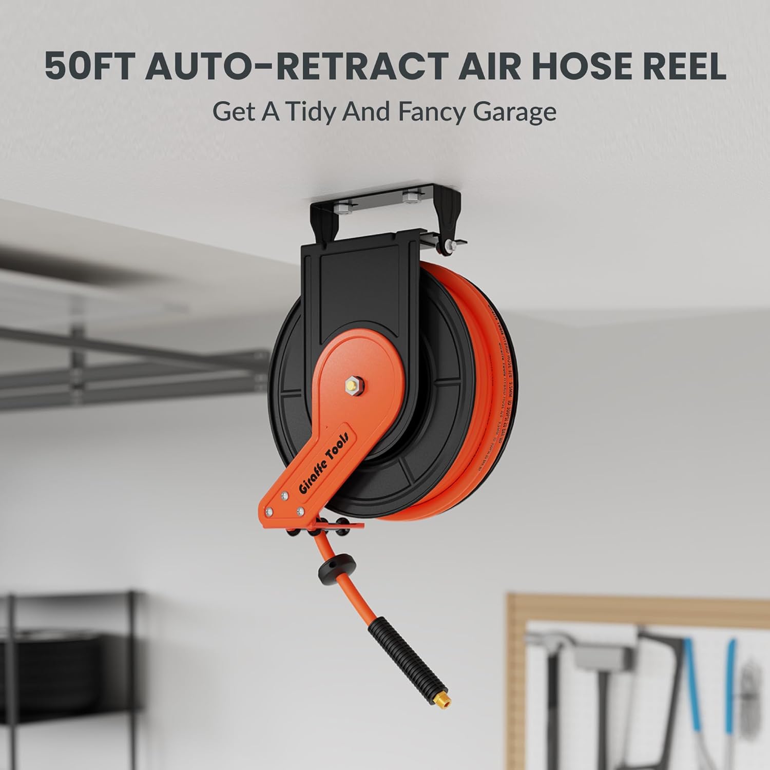 Giraffe Tools TA15 Retractable Air Hose Reel Swivel 3/8 x 50 ft Hybrid Hose, Max 300 PSI, Ceiling/Wall Mounted Heavy Duty Industrial Commercial Air Compressor Hose Reel, 50ft, Tangelo