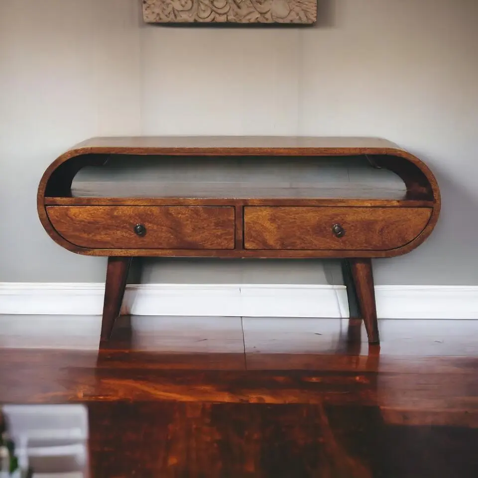 Kastanje Ronde TV-standaard met 2 Laden, Woonkamer