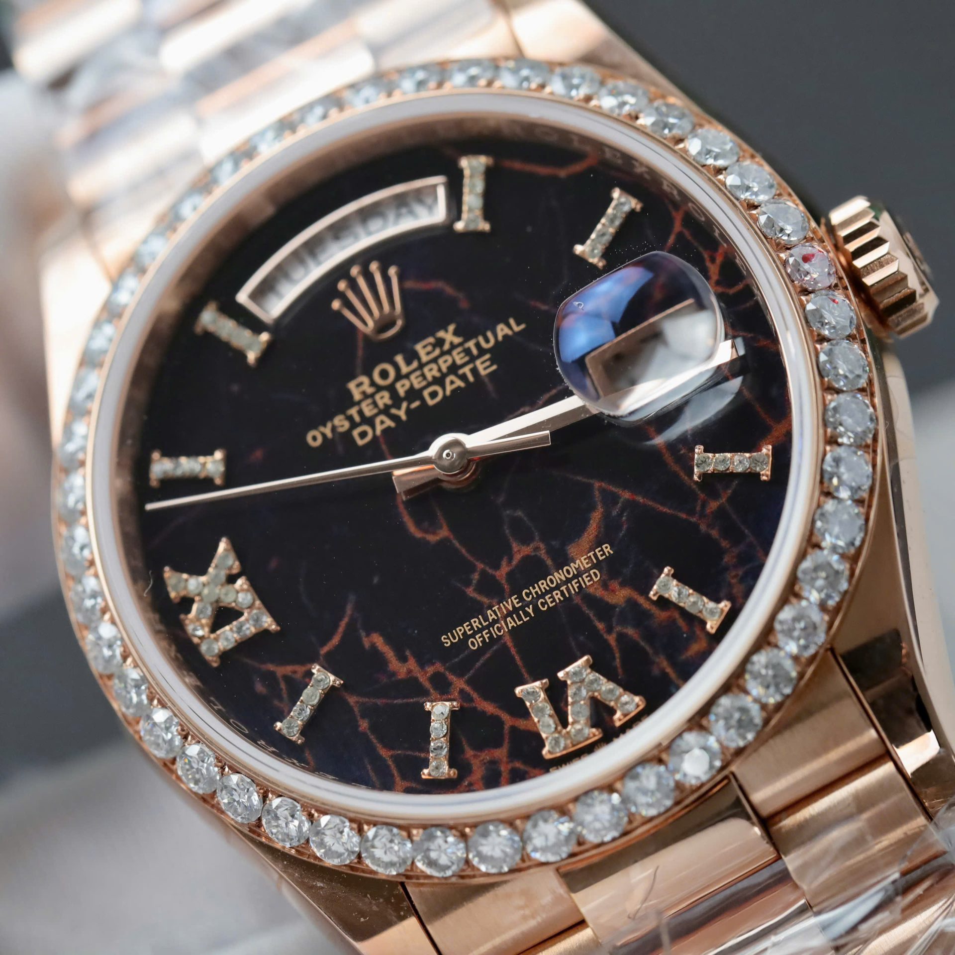 Rolex Day-Date RG Plated Eisenkiesel Dial With Diamonds 36mm Super Clone