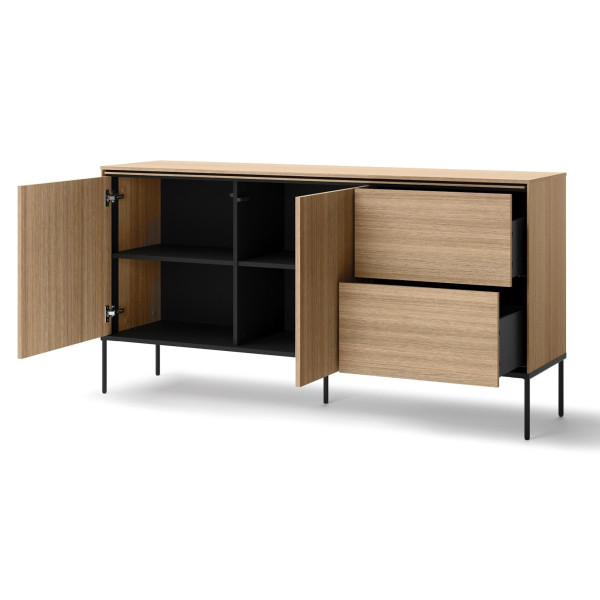 Szeroka komoda VISSO z czarnymi detalami w stylu loft - 2 drzwi, 2 szuflady