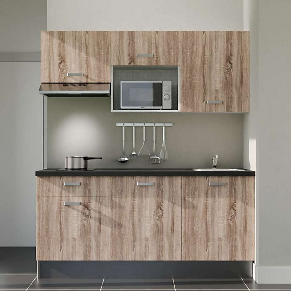 Kitchenette K30 façades Bois - Plan de travail Noir texturé - Crédences : Non - Evier inox - Electroménager Inox inclus