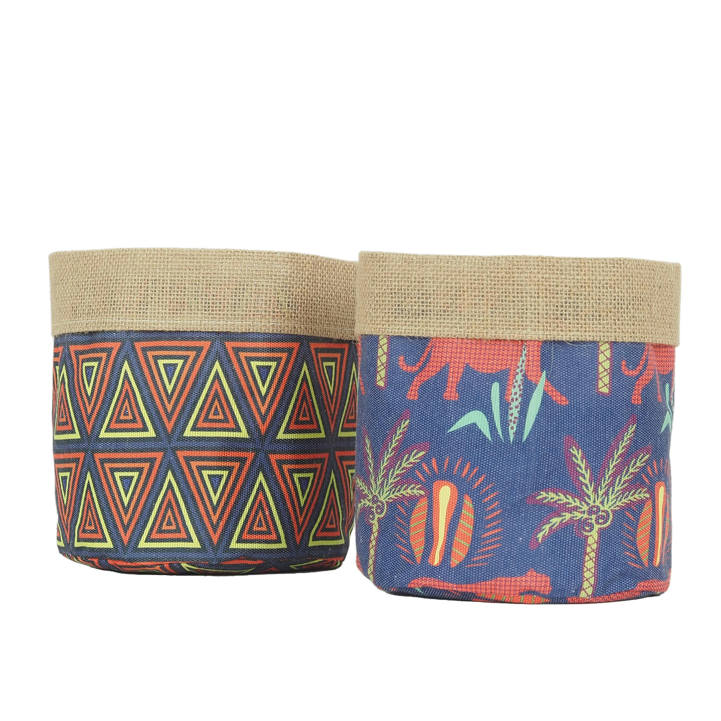 - Cache-pots lot de 2 en jute et tissu ethnique 25cm