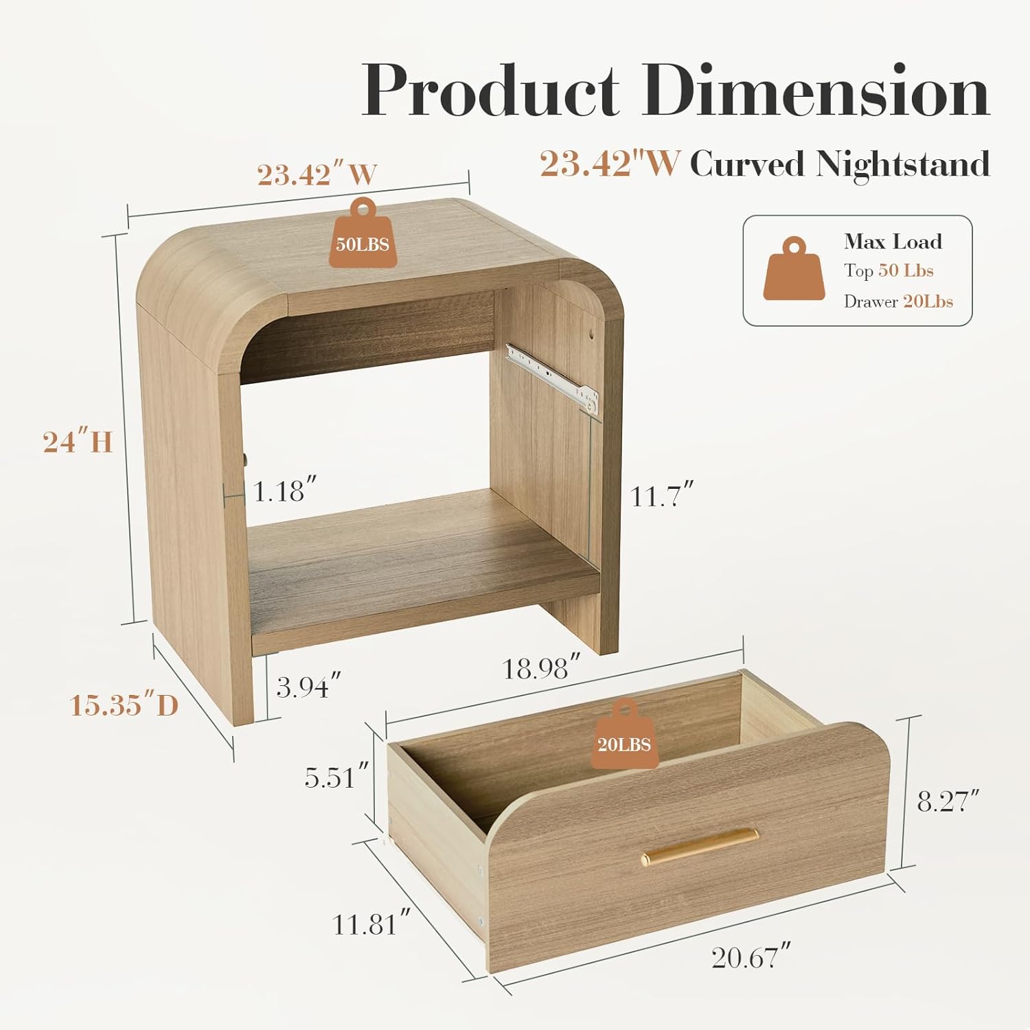 Night Stand Set of 2 [Unique Curved Profile] [FSC-Certified Wooden Board] 1-Drawer and 1 Storage Shelf Nightstand 24 H Metal Handle Modern Bedside Table Side Table End Table for Bedroom