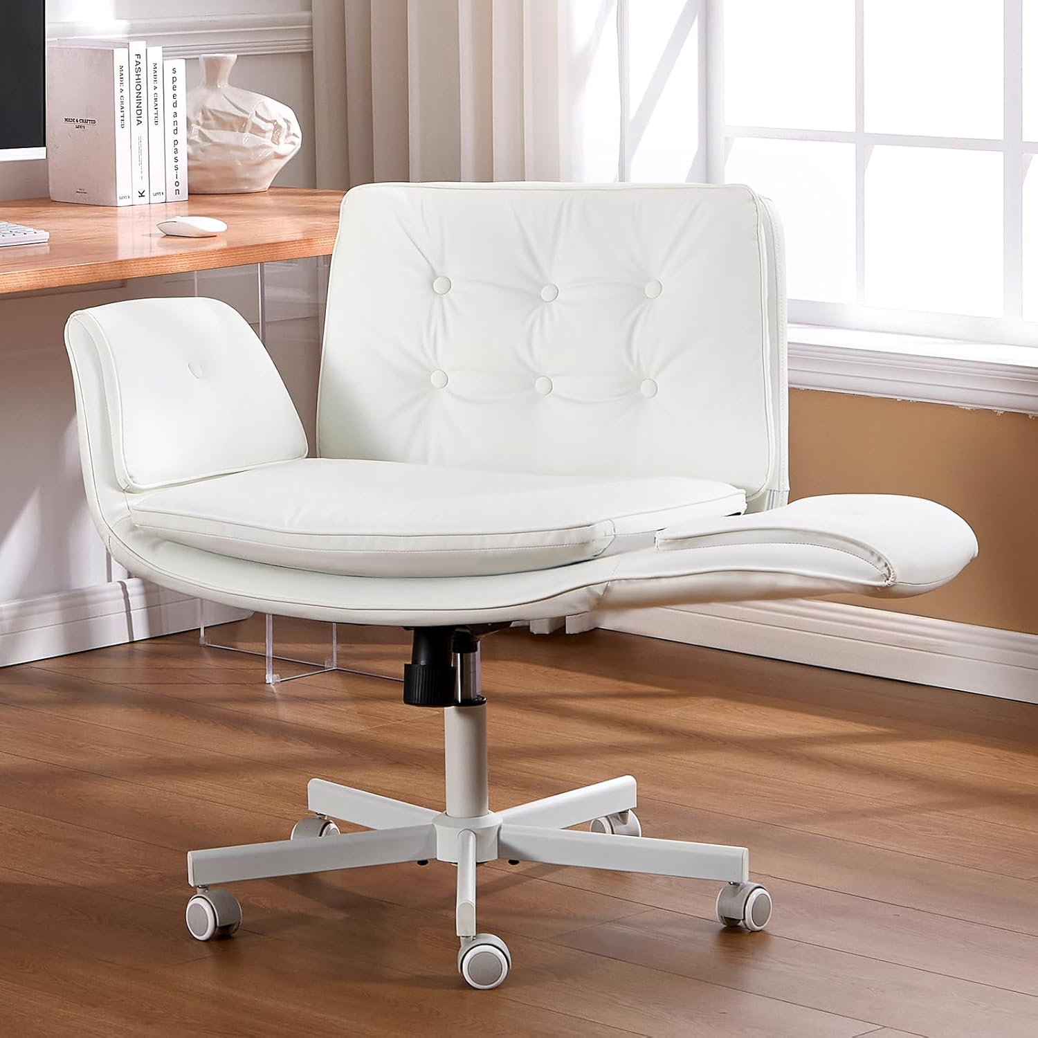 amseatec Criss Cross Chair with Armrests & Wheels, PU Leather Vanity Chair, Comfortable Adjustable Swivel Computer Office Desk Chairs for Home, Make Up, Bed Room (White)