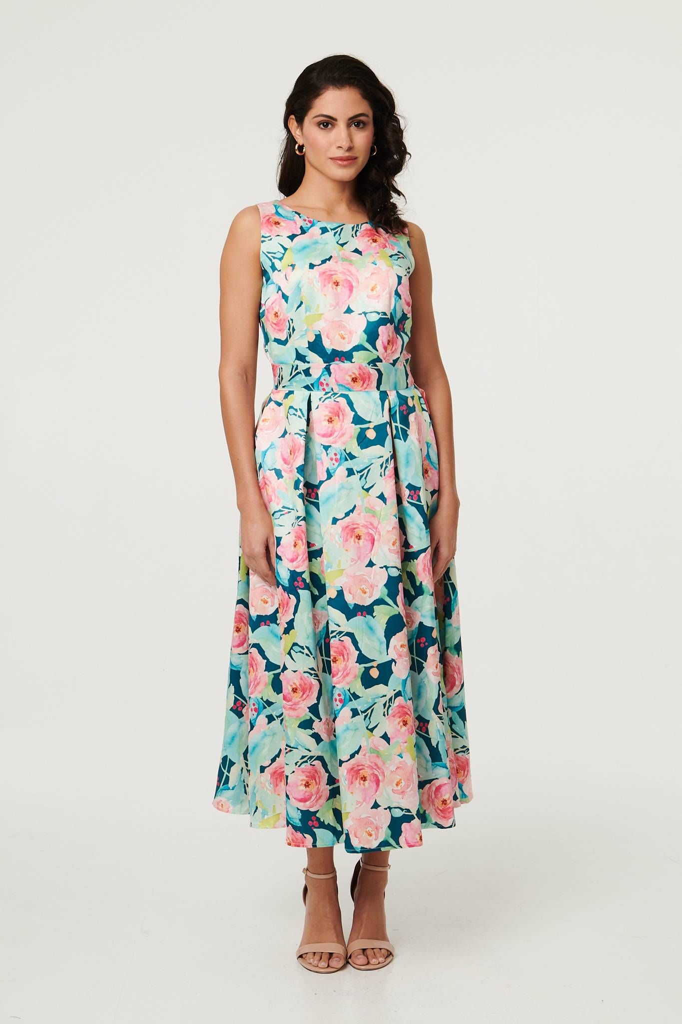 Izabel London Floral Sleeveless Pleat Front Midi Dress