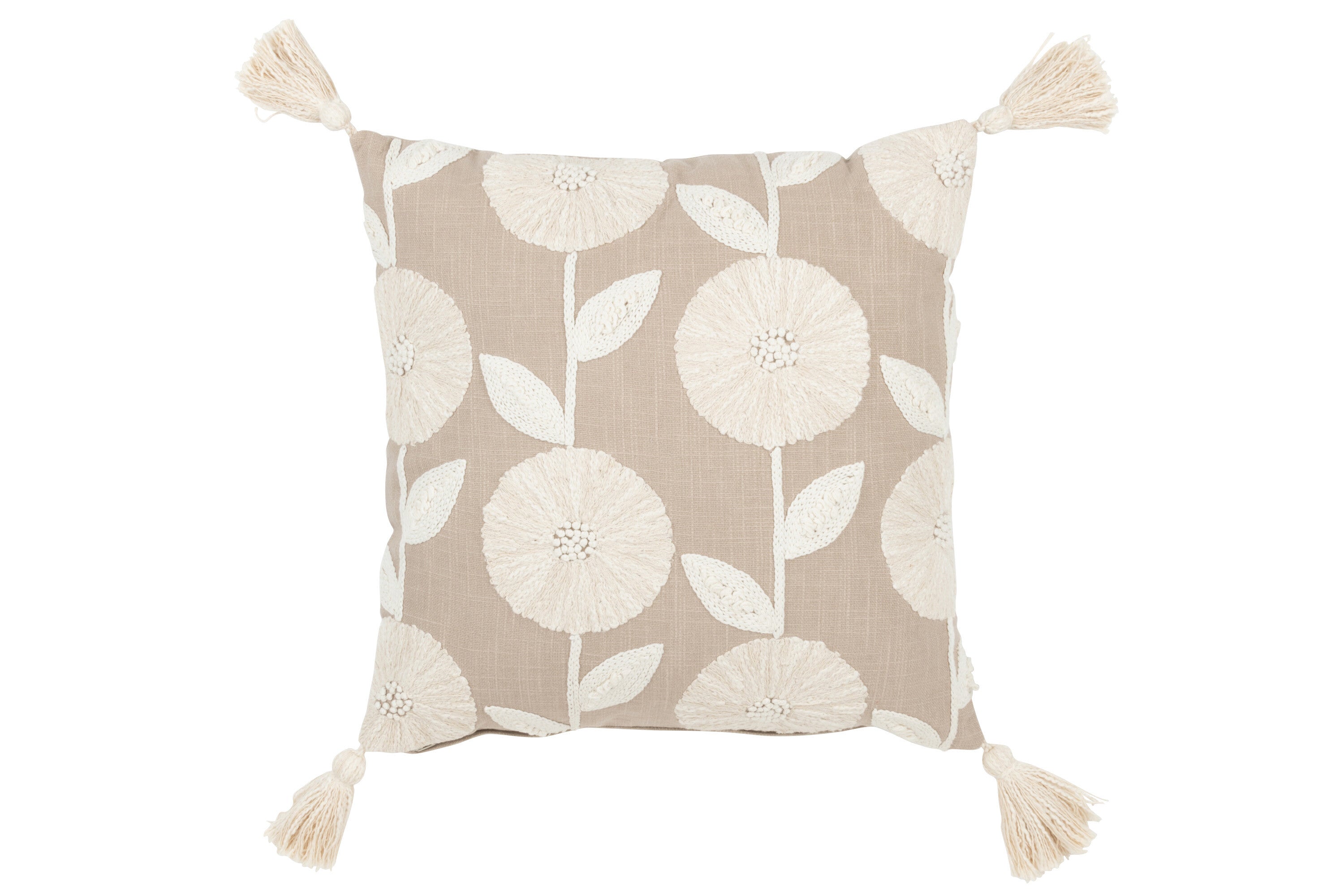 J-Line kussen Bloemen Bladeren - katoen - taupe beige