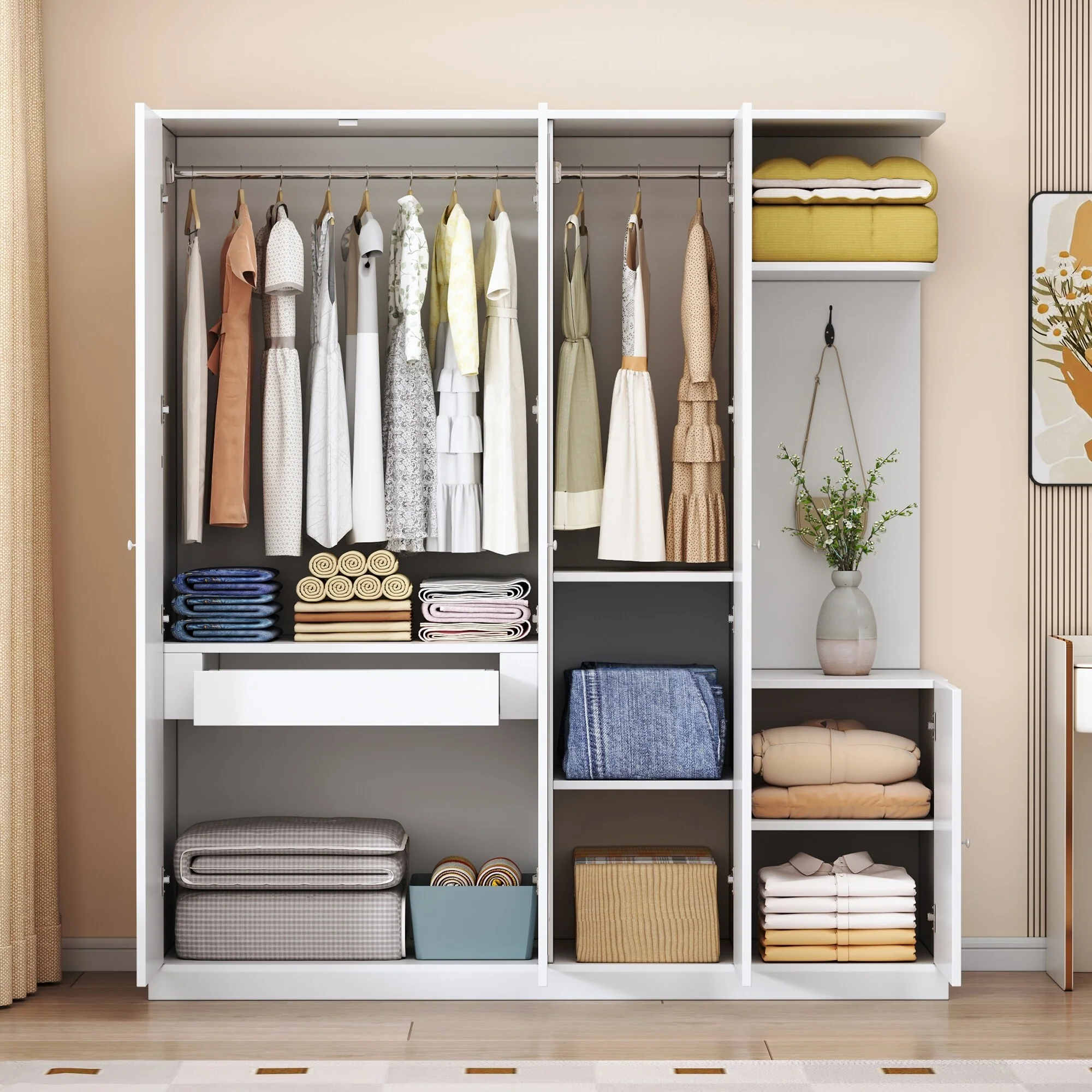 4-Door Wardrobe with Full-Length Mirror - Storage Closet with Hanging Rods, Shelves & Drawers for Bedroom Organization