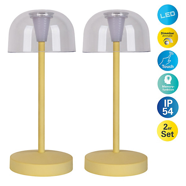 Lot de 2 lampes de table LED rechargeables 'Gomba' pour l'extérieur et l'intérieur, en métal et plastique jaune, hauteur 18,5 cm