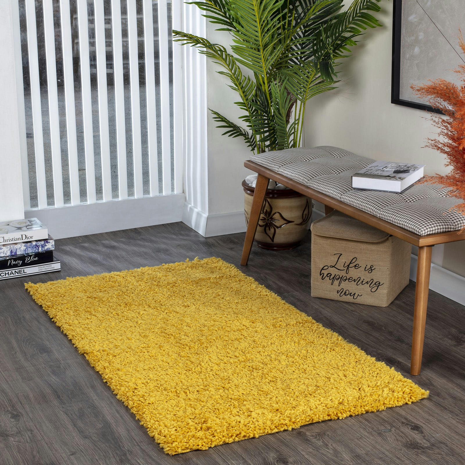 LILLY - Tapis de Couloir Shaggy Uni Chic Jaune 80x150