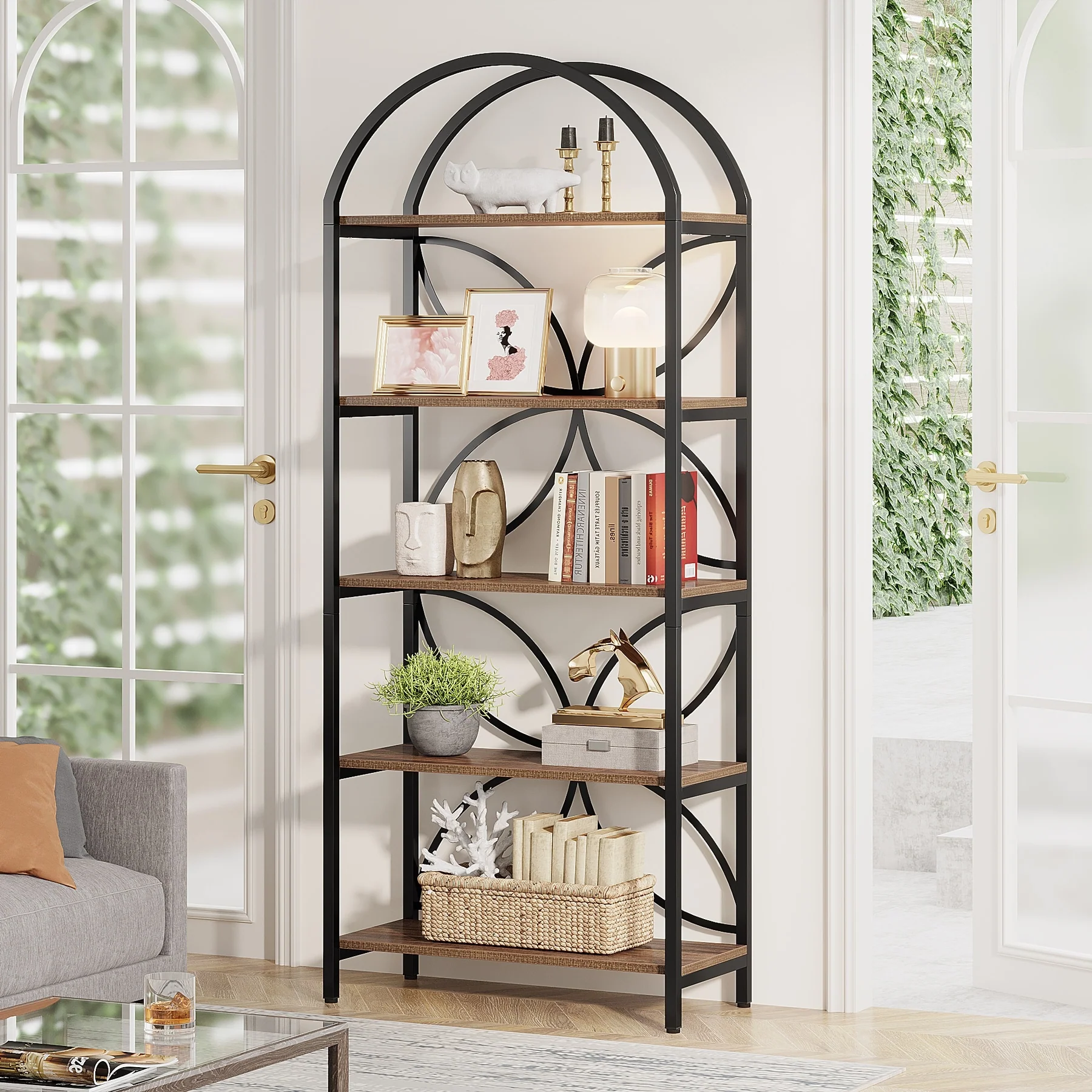 5-Tier Open Bookshelf, 75 Inch Arched Bookcase Shelf