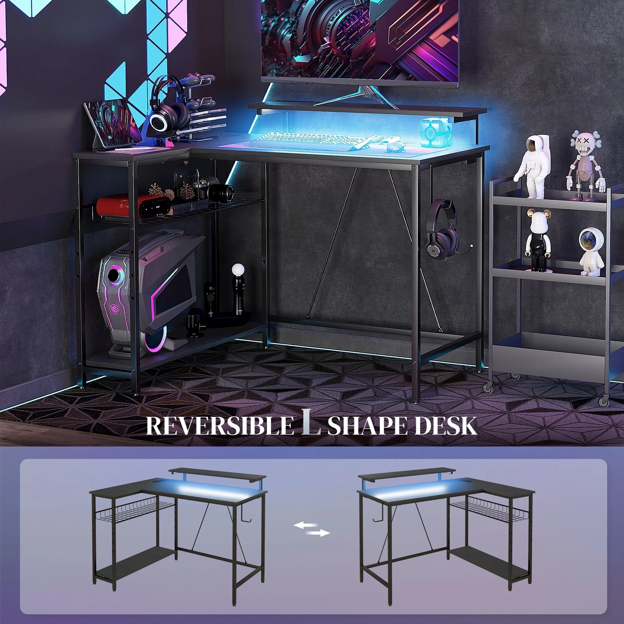 42 L Shaped Desk with LED Lights, Power Outlet, USB Charging Ports