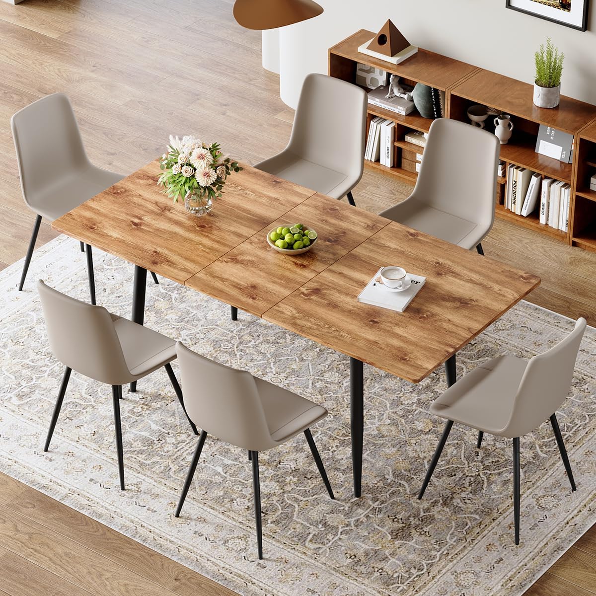 59-75 Extendable Dining Table Set for 6, Mid Century Dining Room Table Set for 6, Modern Wood Kitchen Table Upholstered Chairs Set of 6, Ideal for Dining Room,Office, Space-Saving, Easy to Assemble