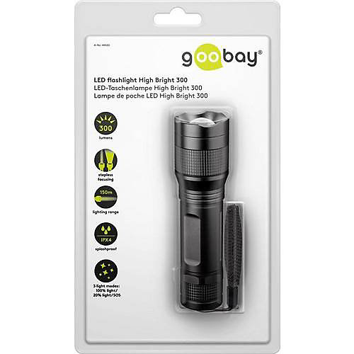 Lampe de poche Goobay LED Zoom 300 lm, 3 modes, 3xAAA, boîtier aluminium