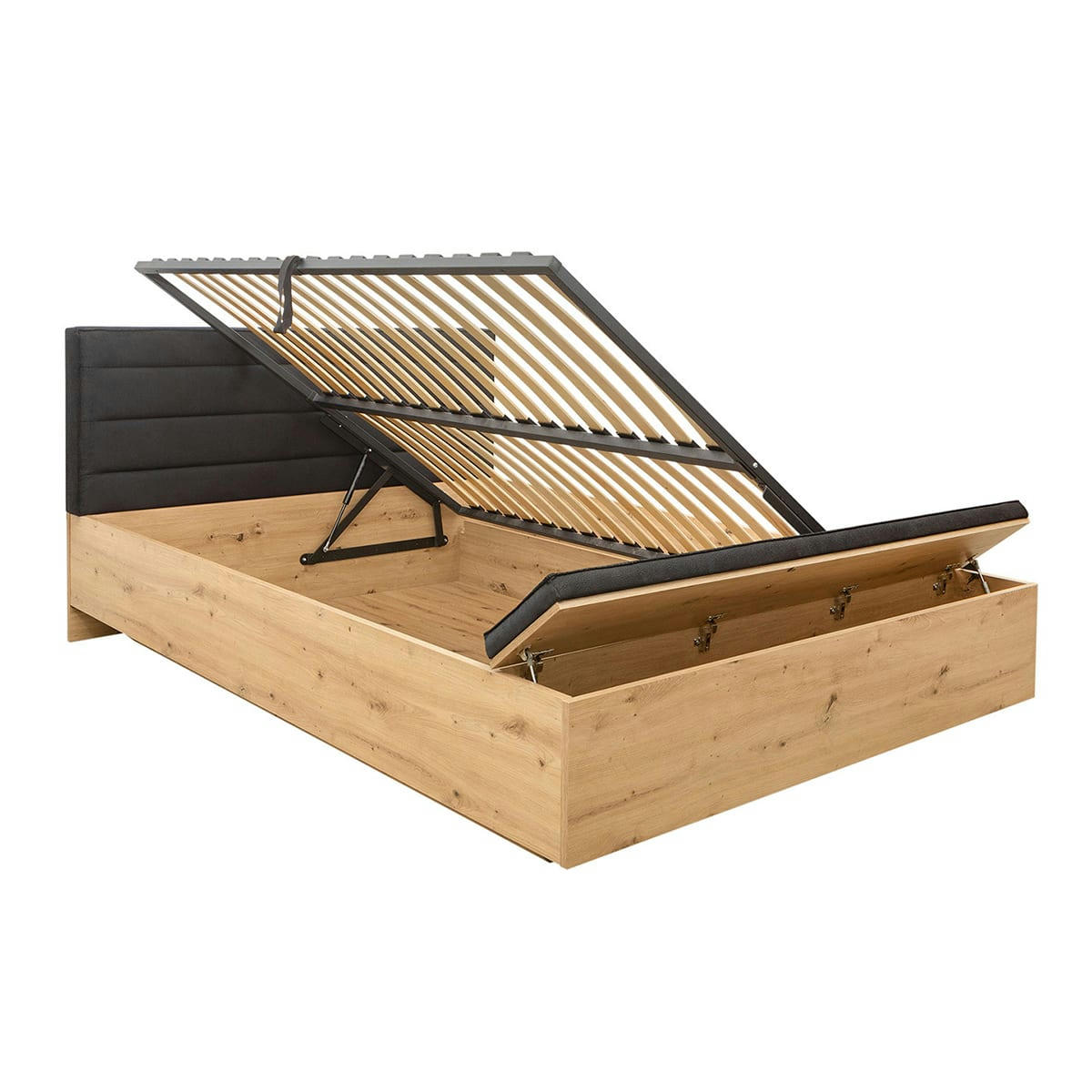 - Lit coffre 160x200 avec banc et sommier inclus naturel et noir