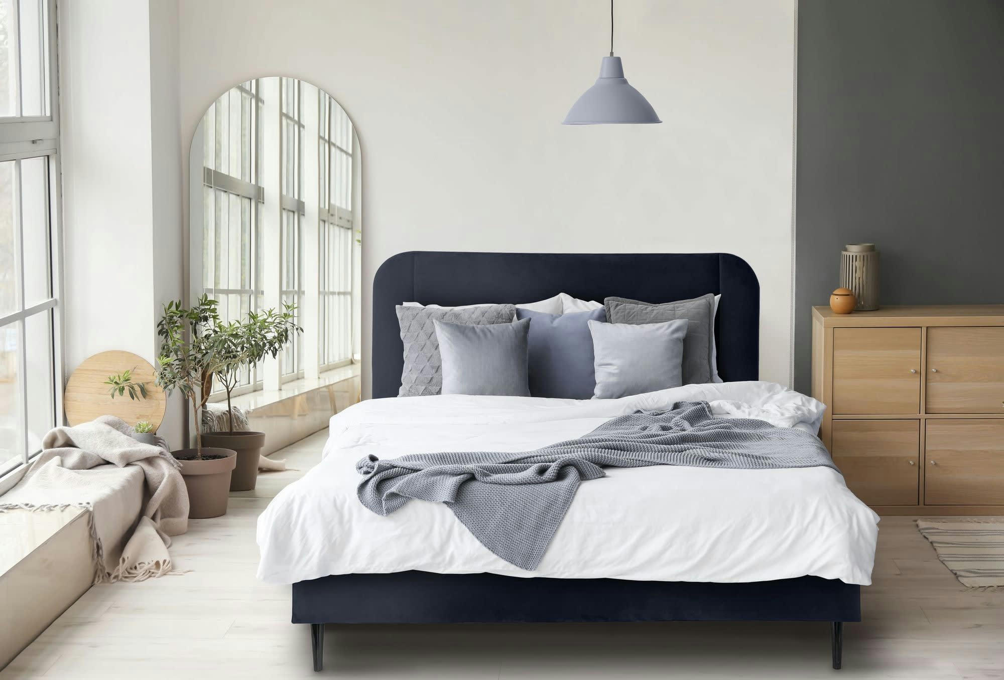 BRIANNA - Lit avec sommier 2 places  en velours bleu nuit 140x190