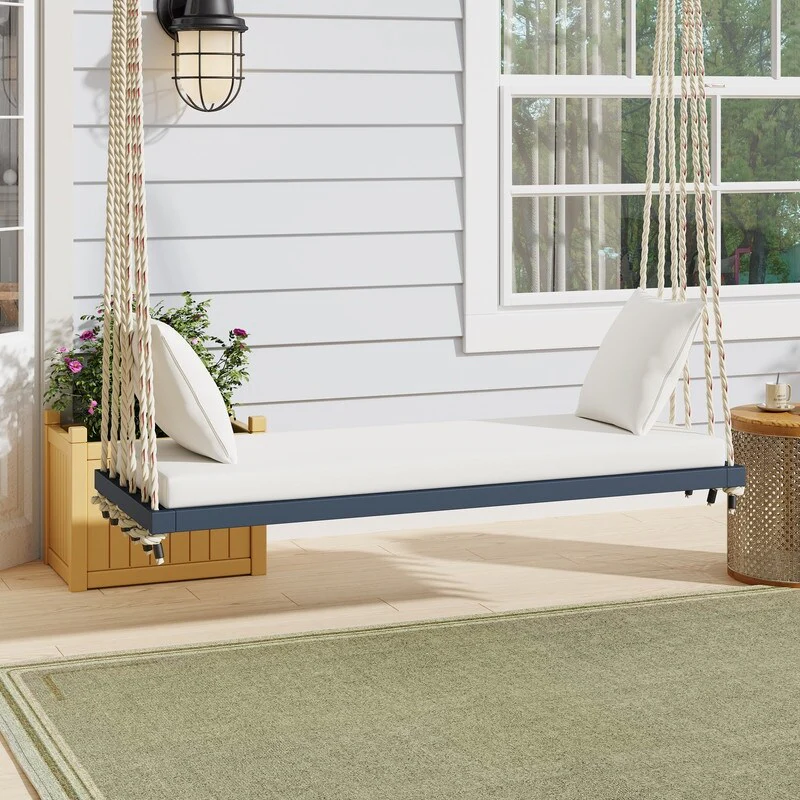 Patio Wooden Swing Chair, Hanging Porch Swing Bench with Cushion&Pillows