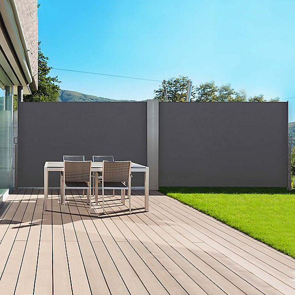 Paravent double extérieur rétractable 160 x 600 cm gris anthracite toile anti-UV déperlante avec enrouleur auto