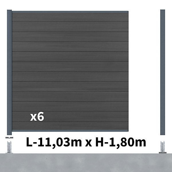 Kit Clôture Composite CRUZ Ardoise 11x1,8m - Bois composite &Aluminium - Poteaux sur Platines Gris - Brise vue - Palissade