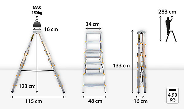 échelle professionnelle double face en aluminium, DRABEST, 6 marches, 2x6, capacité de charge 150 kg, 1 pièce.