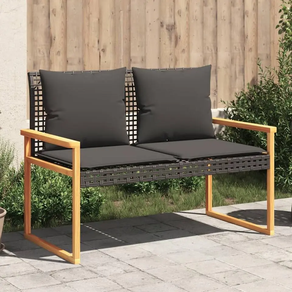 vidaXL - Tuinbank met kussens - Zwart - Poly rattan en acaciahout - 119x61x79 cm