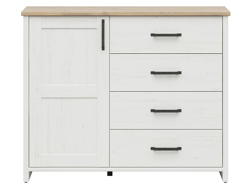 Komoda Loksa 120 cm z drzwiami i 4 szufladami sosna andersen biała/dąb grandson