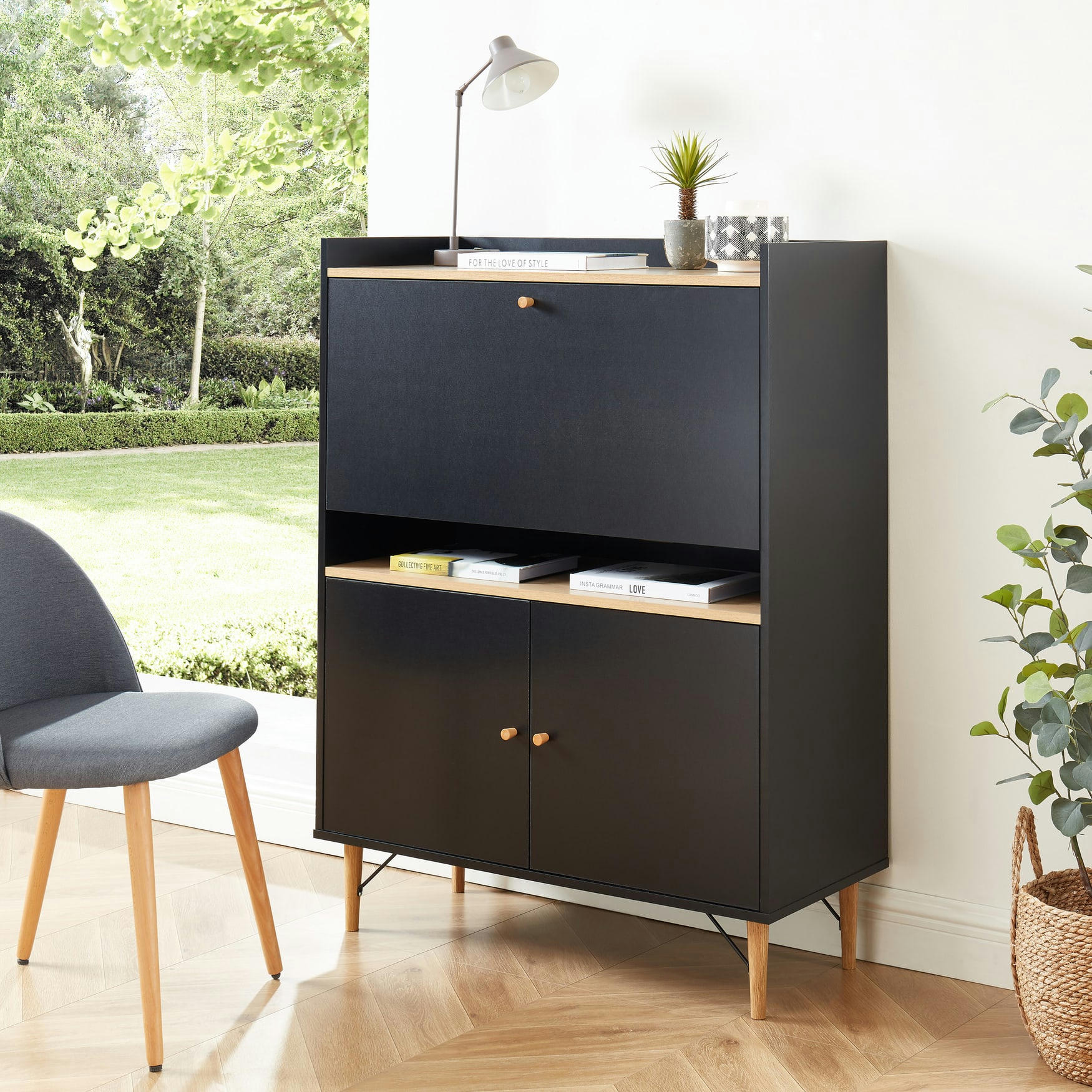 SMART - Secrétaire   noir et effet bois et chêne  90cm