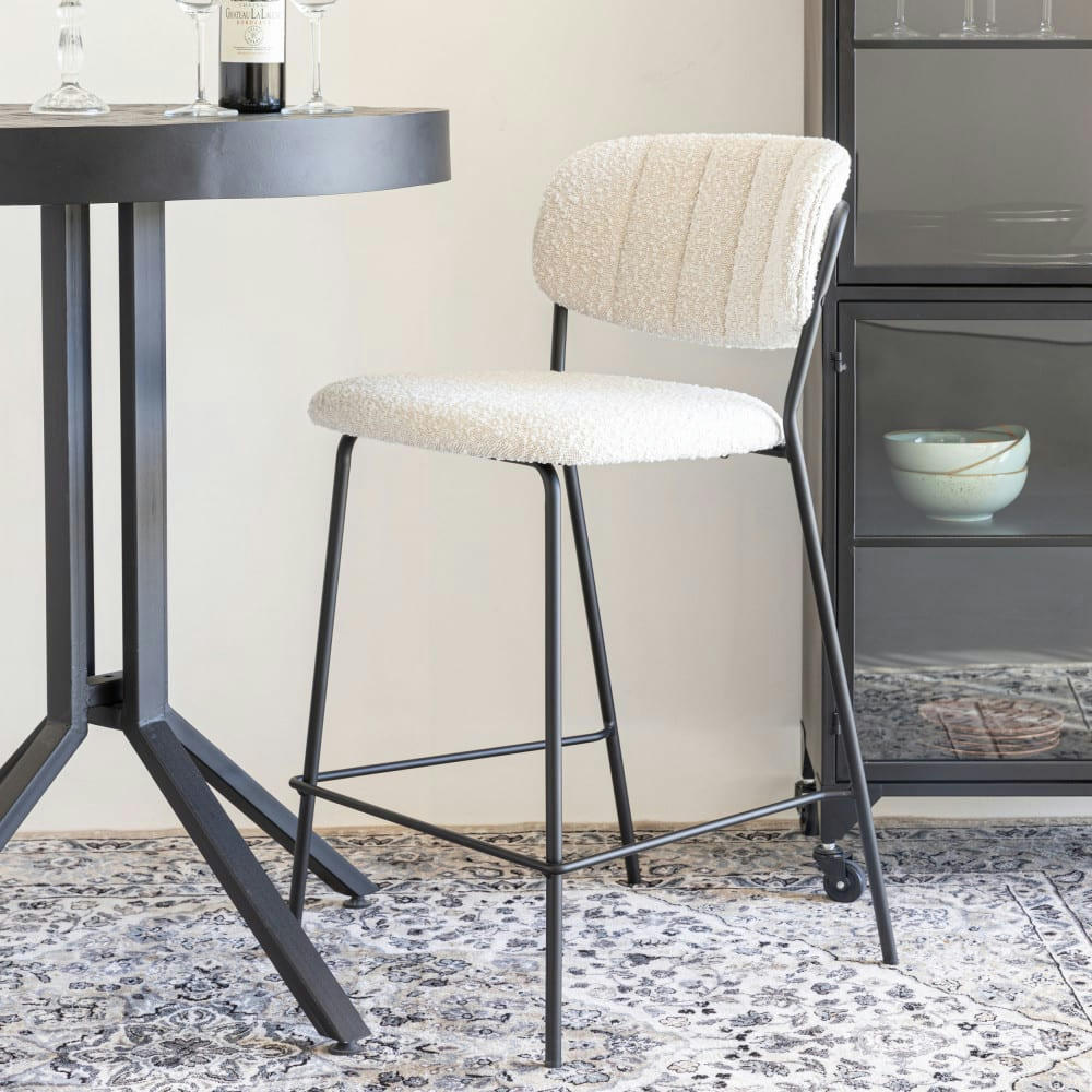 JOLIEN - Lot de 2 tabourets en tissu bouclette pieds noirs 65cm ecru