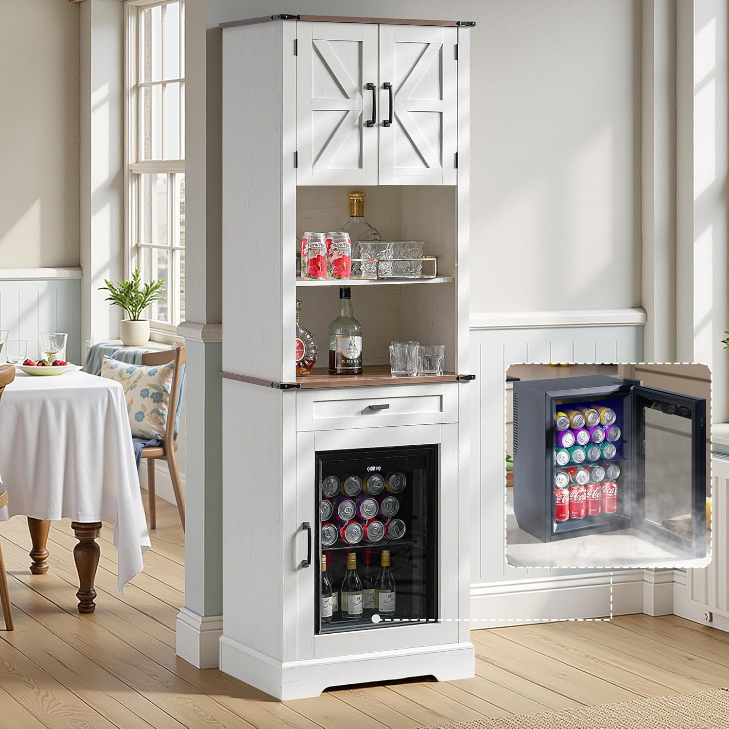 Bar Cabinet with Fridge (Included), 69 Farmhouse Wine Cabinet with Storage Drawers & Adjustable Shelves, Coffee Bar Cabinet for Home bar, Dining Room, Living Room
