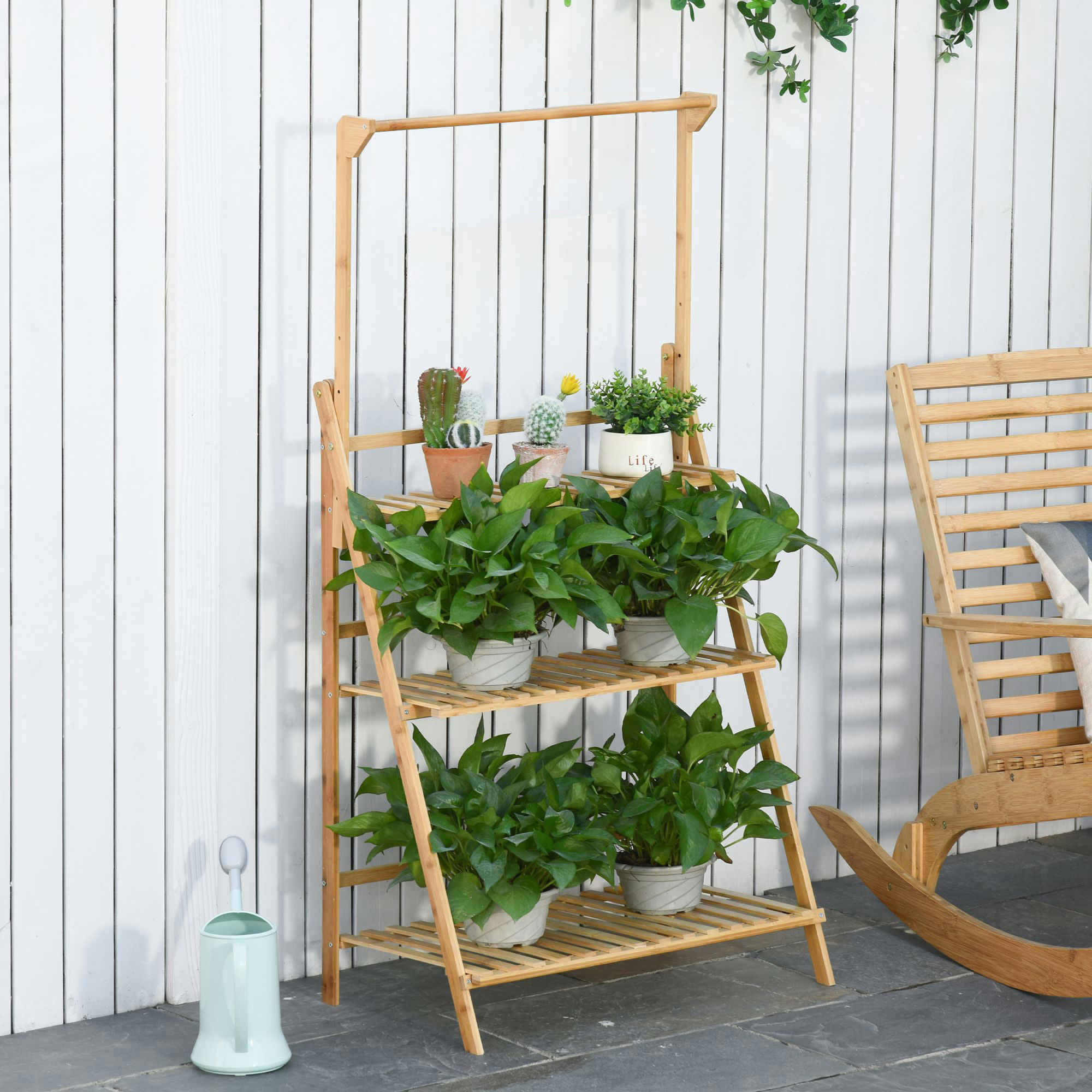 - Étagère échelle à fleurs en bois de bambou 3 étagères + barre support