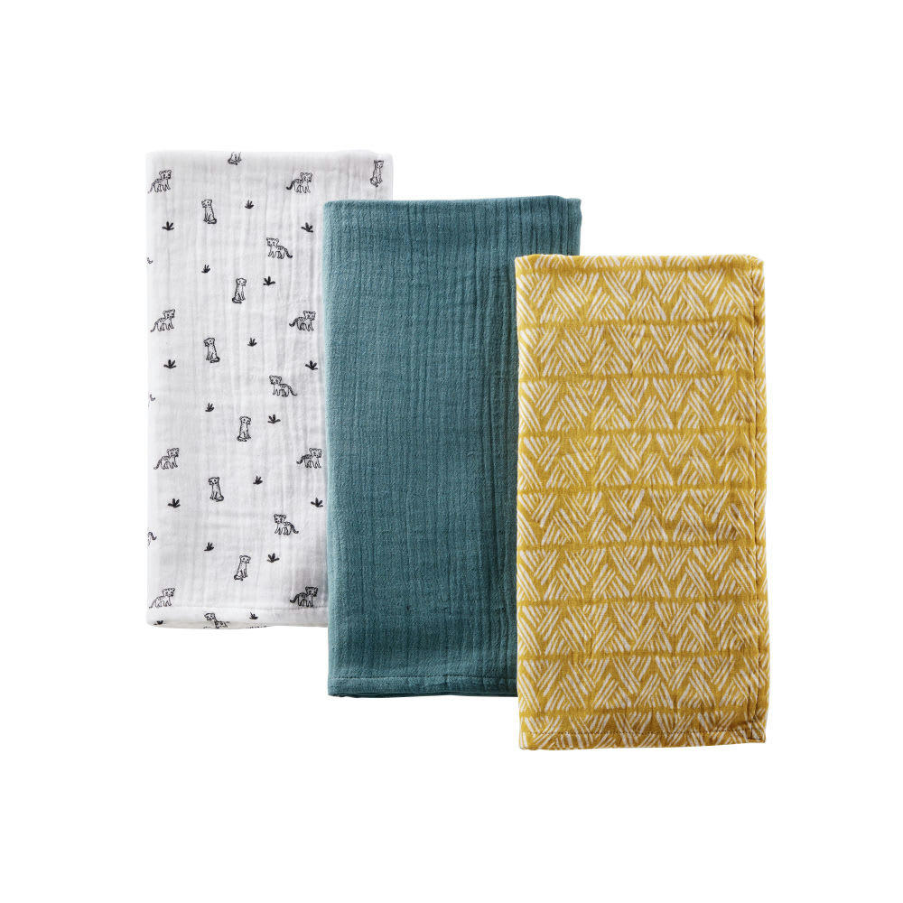 MINI JUNGLE - Langes bébé en gaze de coton vert, jaune moutarde et blanc (x3)