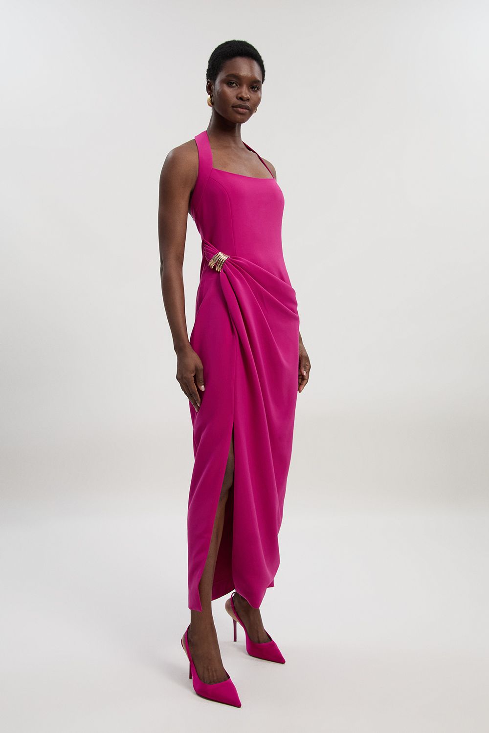 KarenMillen Polished Tailored Halter Neck Gathered Midi Dress