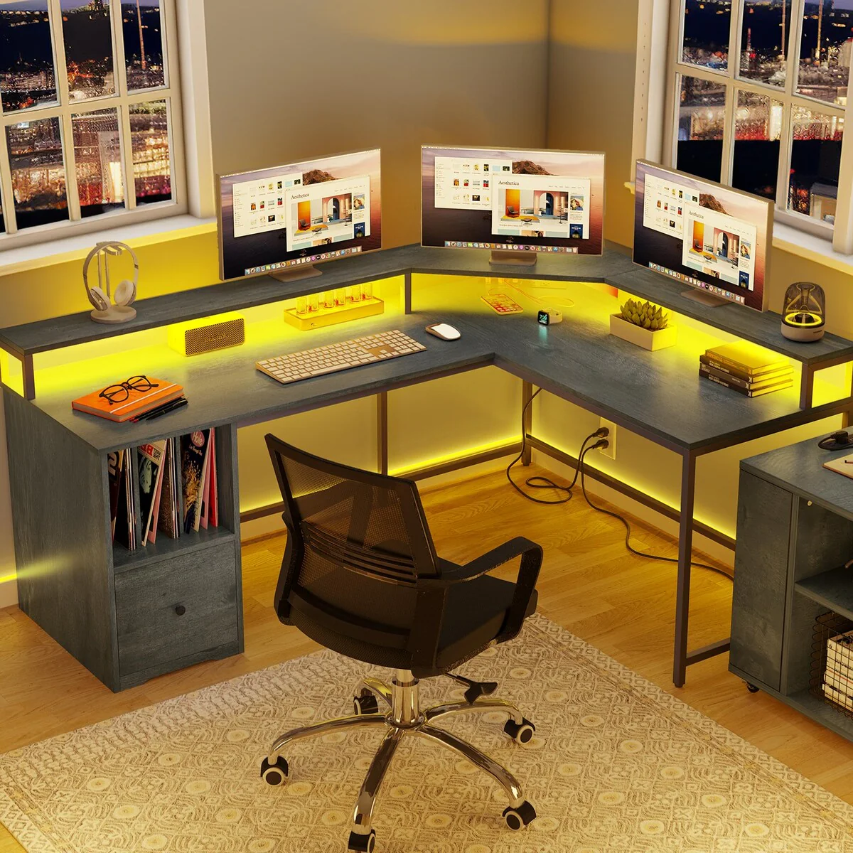 Moasis 66 Inch L Shaped Desk with File Drawer Industrial Corner LED Gaming Desk with Power Outlets