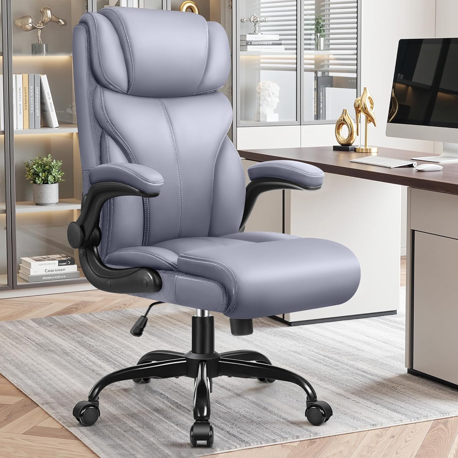 Primy Office Chair, Ergonomic Leather Desk Chair with Flip-up Armrests, Big and Tall High Back Executive Computer & Gaming Chair with Footrest, Comfy Padded, Rocking Function and Lumbar Support(Gray)