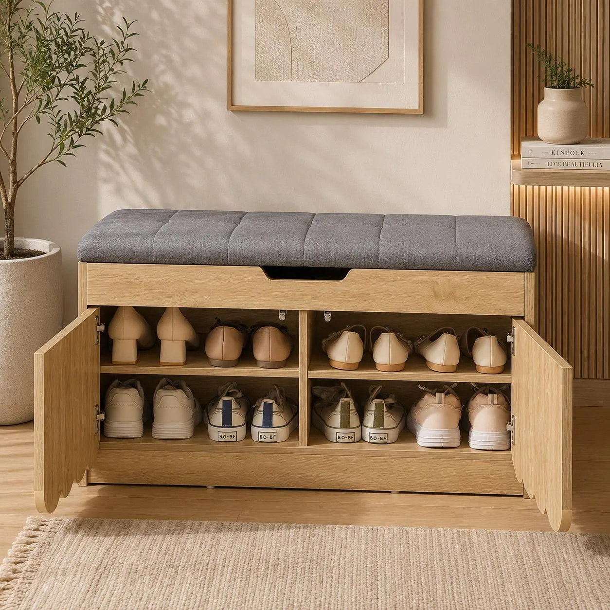 Shoe Storage Bench with Cushion, Scalloped Shoe Cabinet, Entryway Bench with 2 Doors, 2-Tier Shoe Rack Organizer, Hallway Storage