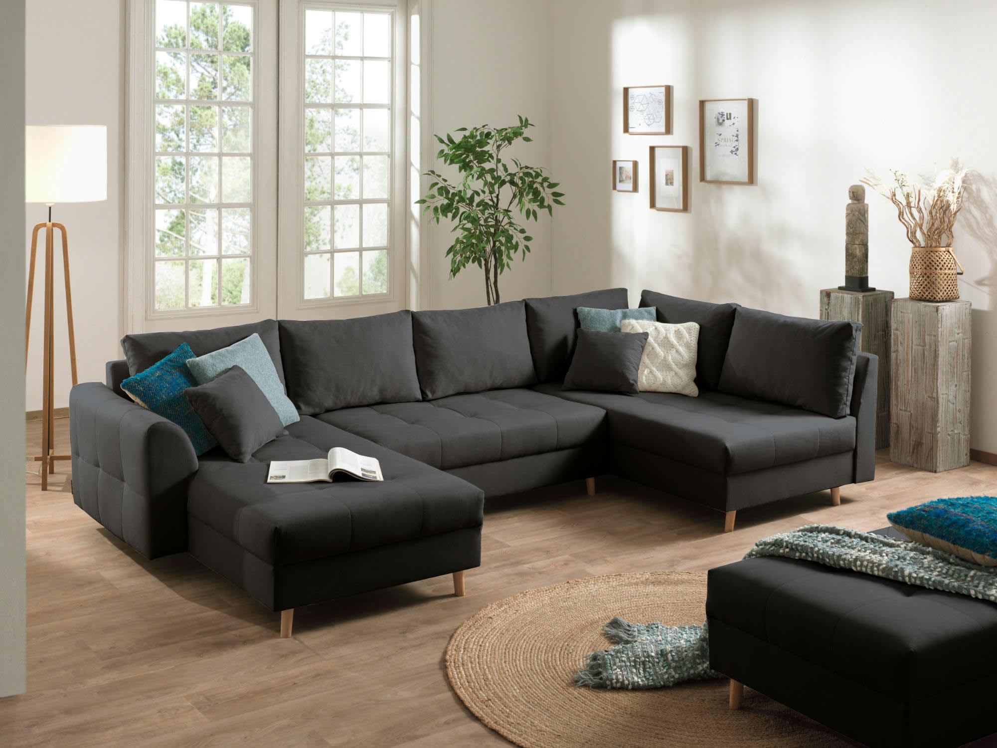 RUNE - Canapé panoramique 7 places angle droit en tissu gris foncé