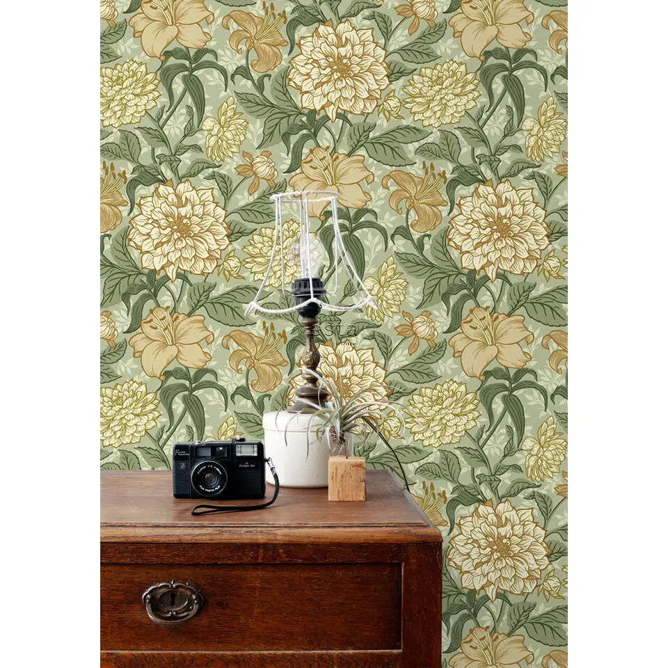 ESTAhome behang vintage bloemen groen en okergeel - 53 cm x 10.05 m