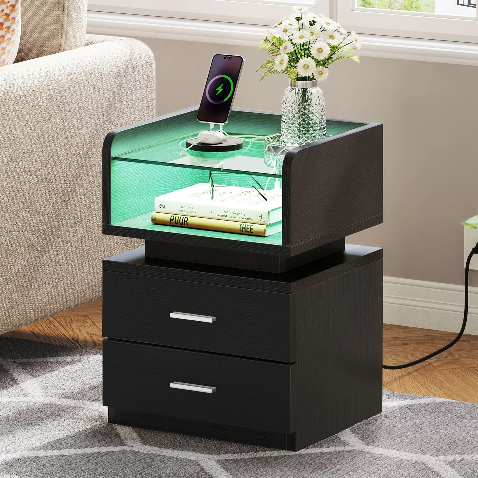 Moasis Set of 2 LED 2 Drawers Nightstand with Charging Station Bedside Tables with Glass Top