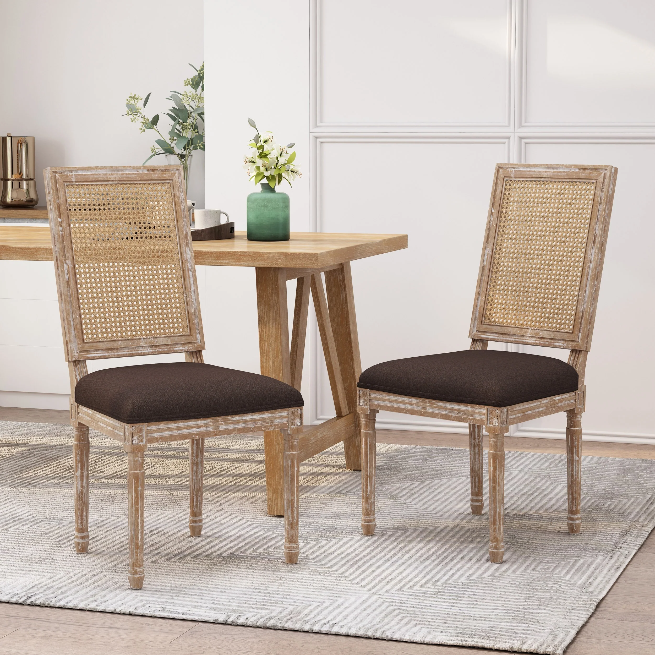 Regina French Country Wood and Cane Upholstered Dining Chairs by Christopher Knight Home