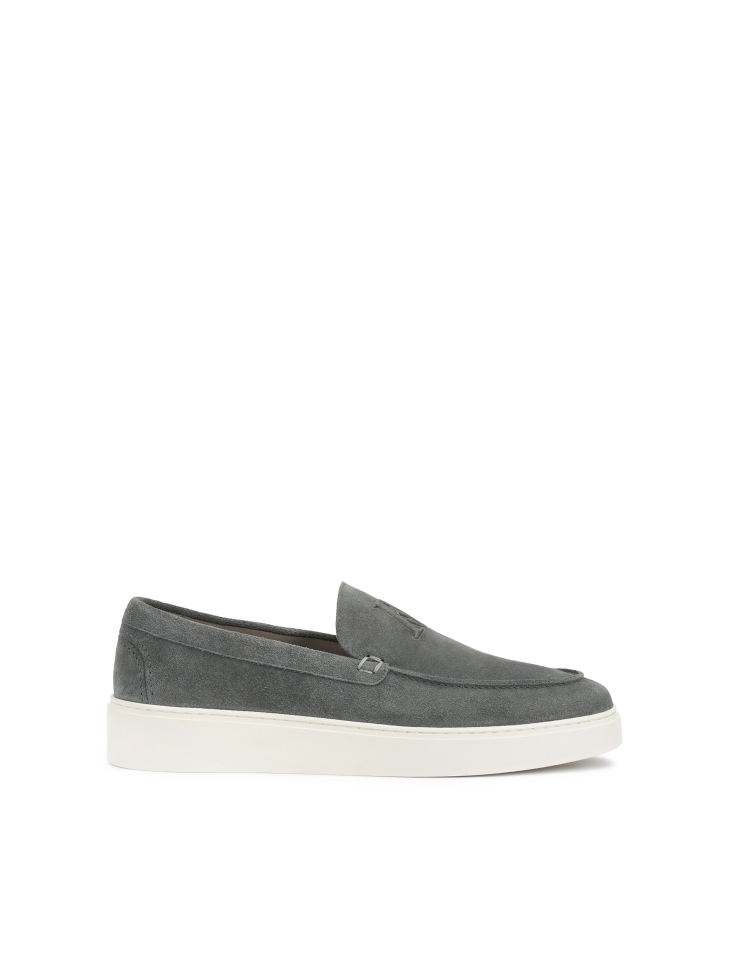 Grey suede shoes with slip-on upper with logos